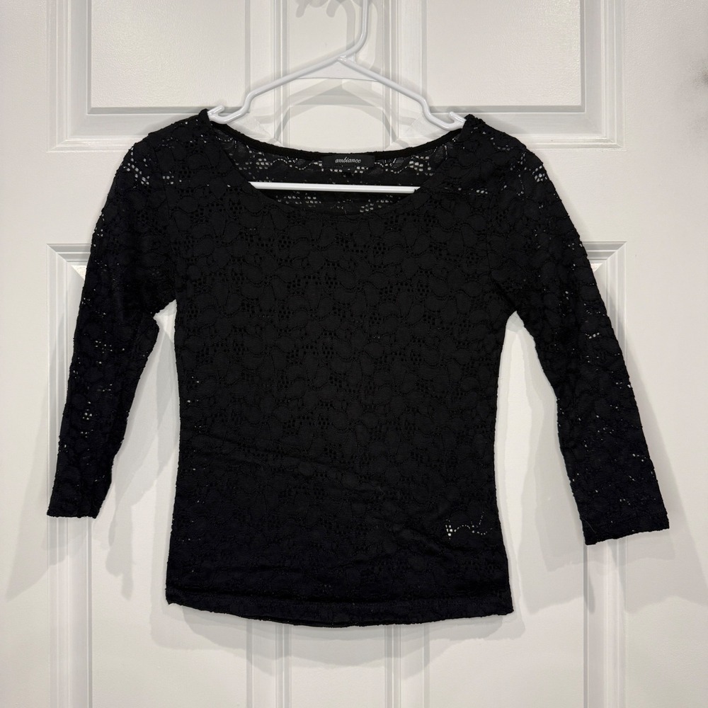 Ambiance Black Floral Lace Scoop Neck 3/4 Sleeve Top Size‎ Small